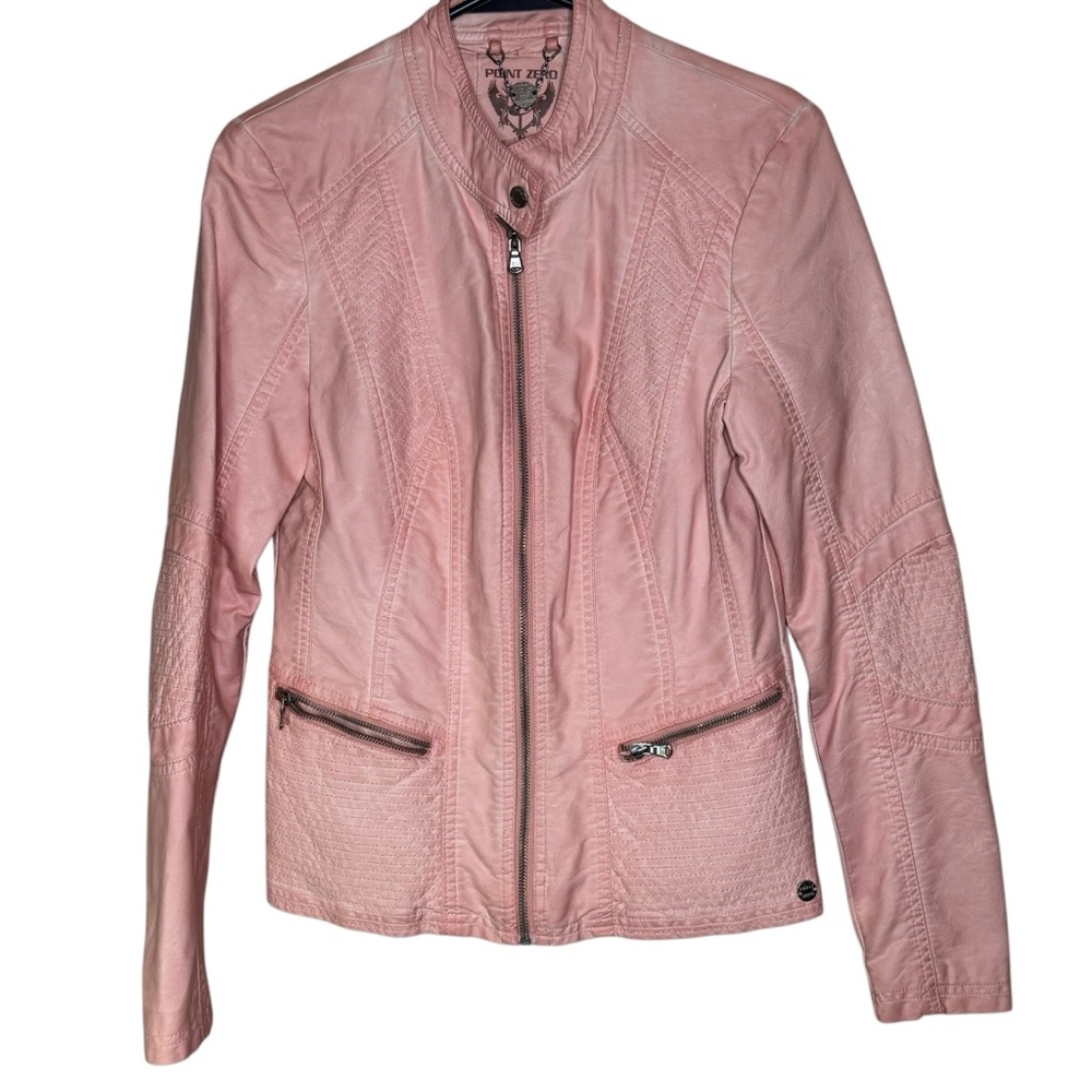 Point Zero Pink Faux Leather Jacket Size S Zipper Pockets EUC